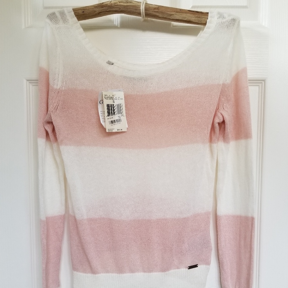 GUESS Pink and White Striped Lightweight Sweater